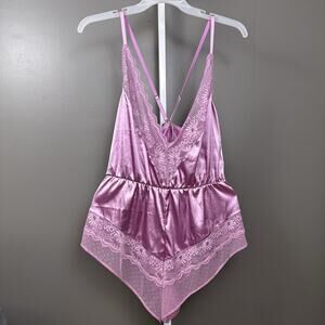 Mentionables Romper Lacy Plunge Satin Plus Size 1X Orchid Lilac Swiss Dot Lace